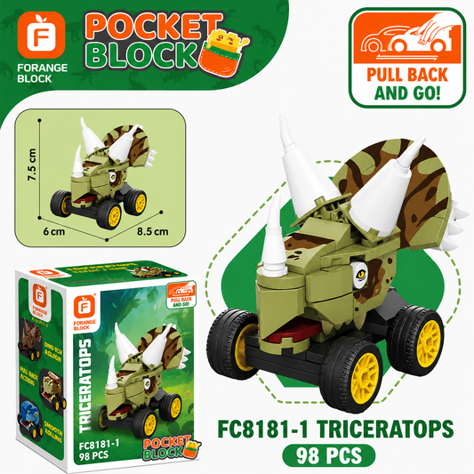 Jookids Triceratops Pull Back Building Blocks Car – 98 Pcs Dinosaur Construction Toy for Kids