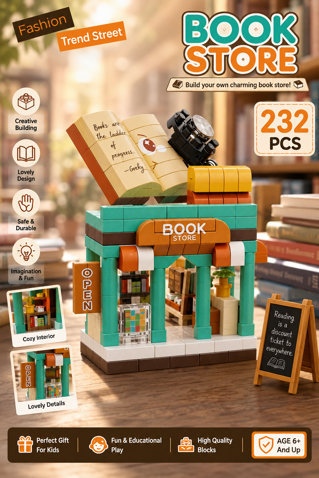Jookids Book Store Micro Building Block Set – Mini Bookshop Building Blocks, Creative DIY Construction Toy, Collectible Display Model, 232 PCS
