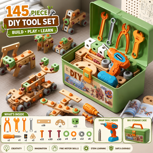 Jookids DIY Tool Box Toy Set with Electric Drill – 145+ Pieces Wooden Construction & Assembly STEM Toy for Kids