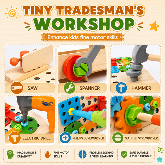 Jookids Wooden Tool Set for Kids – DIY Workbench & Toolbox with Building Parts, Tools and Creative Construction Toys