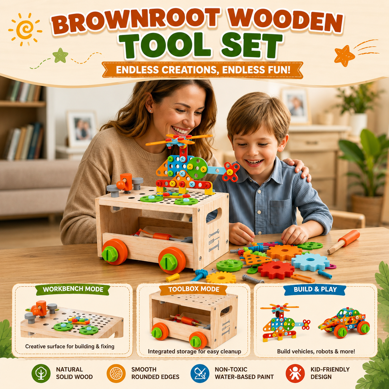 Jookids Wooden Tool Set for Kids ā DIY Workbench & Toolbox with Building Parts, Tools and Creative Construction Toys