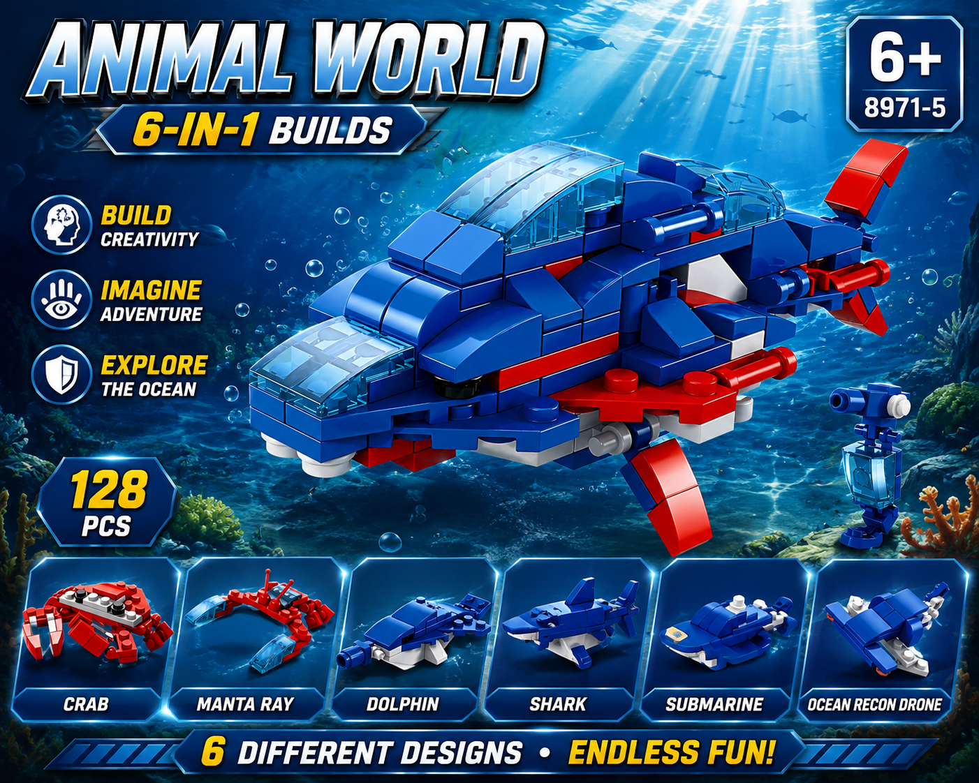 Jookids 6-in-1 Animal World Building Blocks Set – 128 PCS Ocean Adventure Construction Toy for Kids 6+