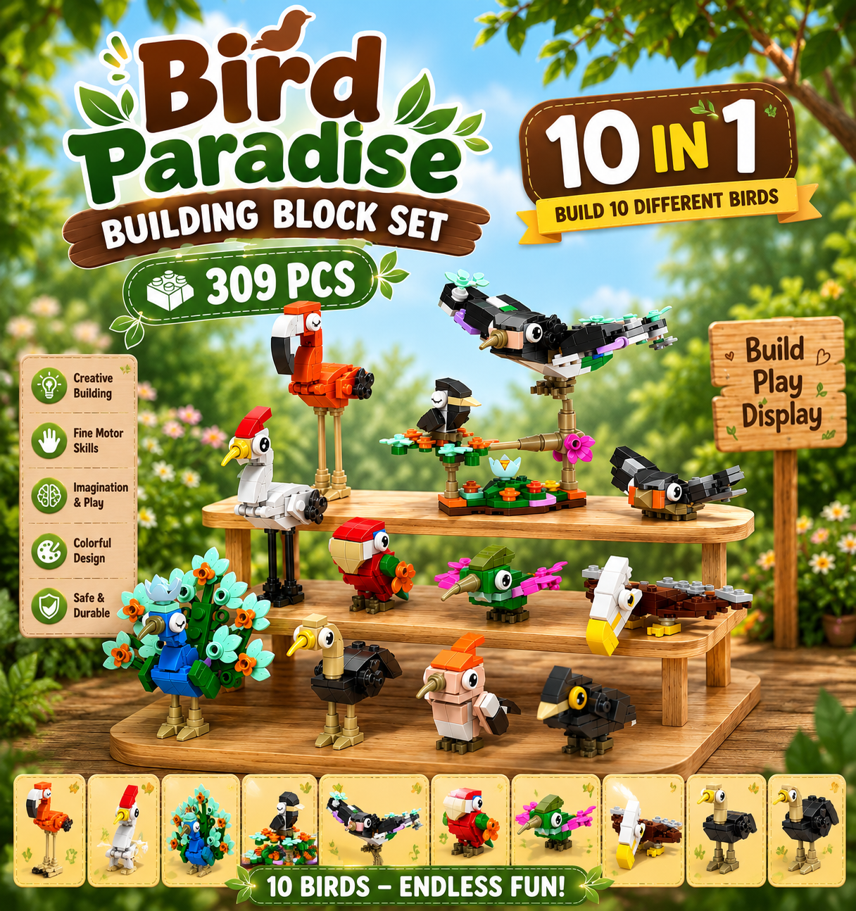 Jookids Bird Paradise 10-in-1 Building Block Set | 309 PCS Creative Bird Toy for Kids 6+