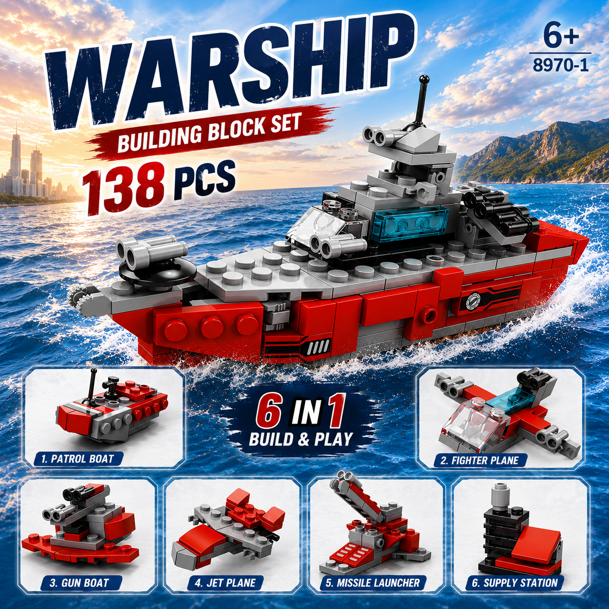 Jookids 6-in-1 Warship Building Blocks Set – 138 PCS Military Ship Construction Toy for Kids 6+
