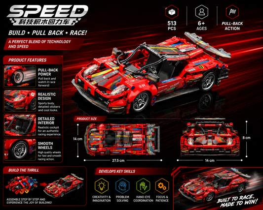 Jookids Pull-Back Building Block Racing Supercar – 513 Pieces DIY Sports Car Construction Set | 1:18 Scale Model | Ages 6+