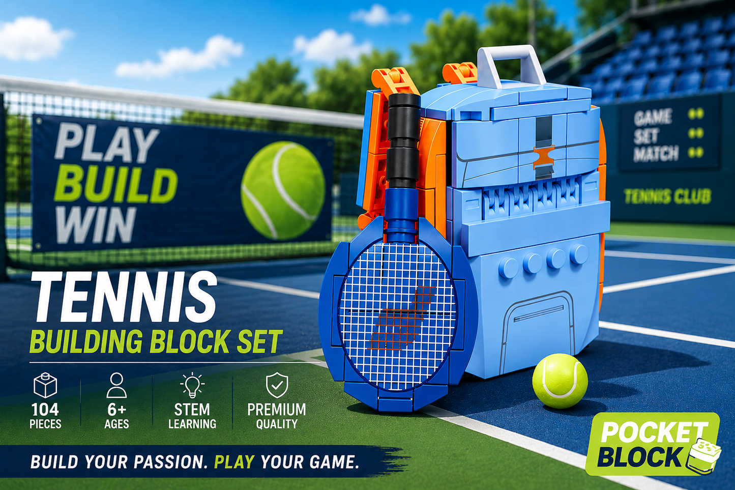 Jookids Mini Tennis Backpack Building Blocks Set | 104 Pieces | Sports STEM Toy for Kids 6+