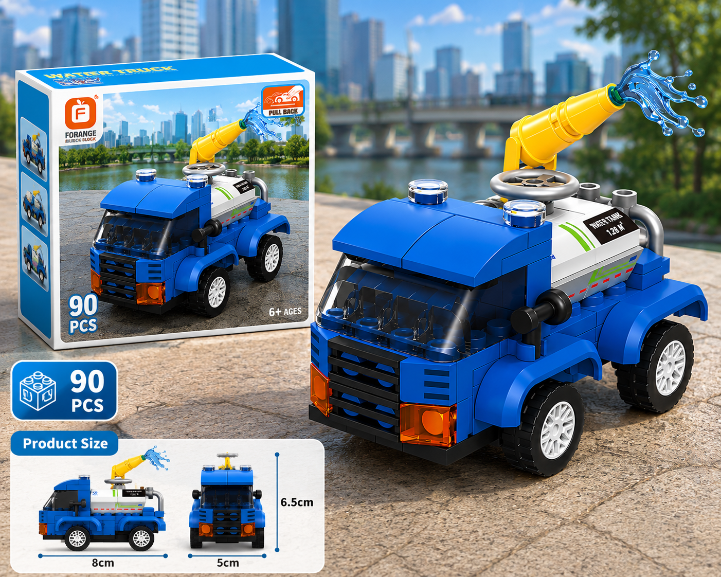 Jookids Pocket Block Water Truck Building Set – 90 Pieces Pull Back City Water Tanker Toy for Kids Ages 6+