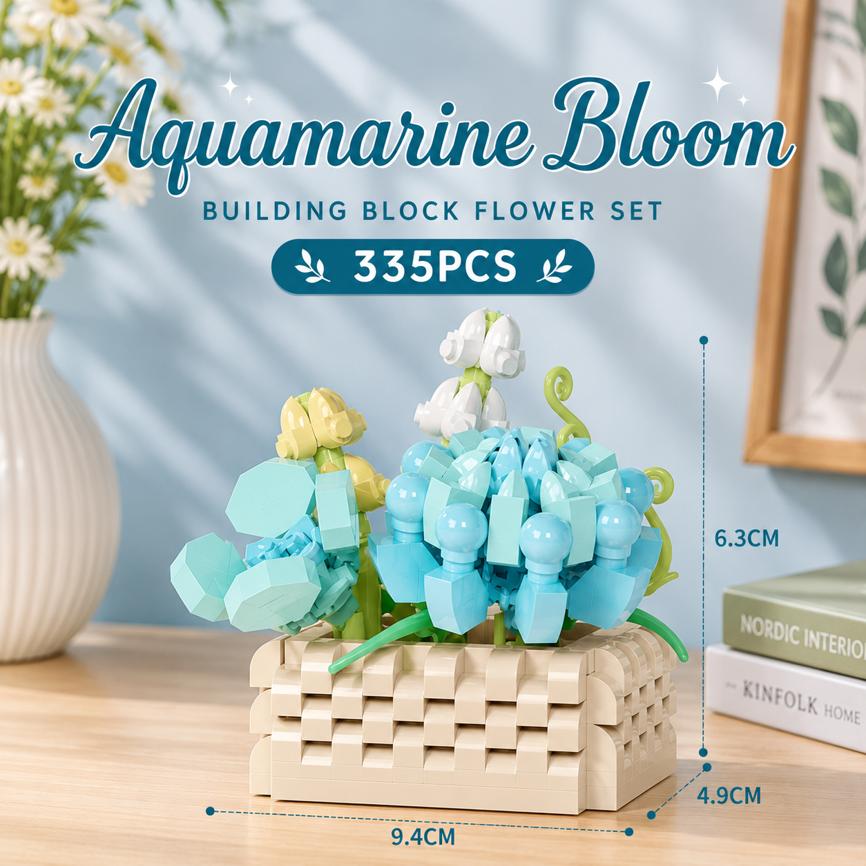Jookids Aquamarine Bloom Building Blocks Set – 335 Pieces | DIY Flower Pot Construction Kit | Decorative Brick Plant | Ages 6+