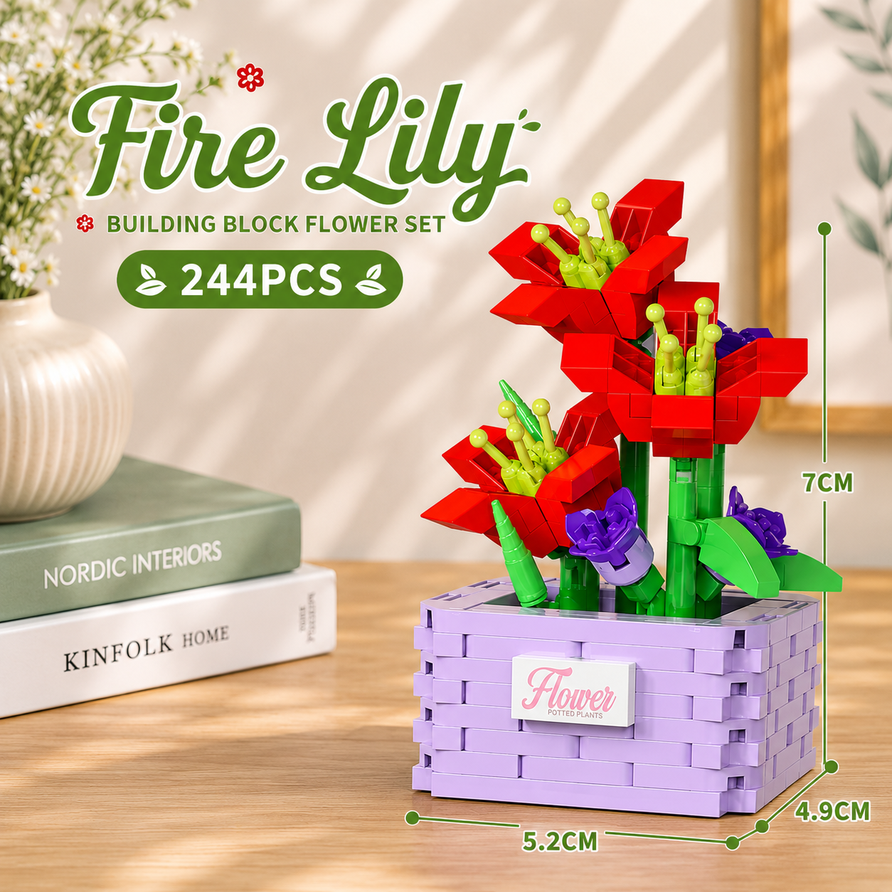 Jookids Fire Lily Building Blocks Flower Pot – 244 Pieces | DIY Decorative Brick Plant | Mini Display Set | Ages 6+