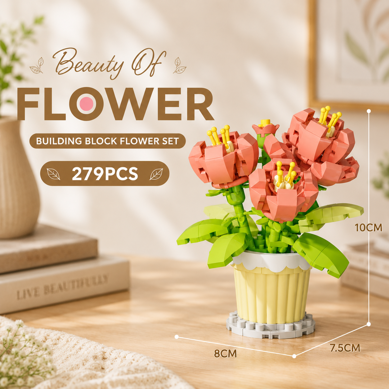 Jookids Peony Building Blocks Flower Pot – 279 Pieces | DIY Decorative Brick Plant | Mini Display Set | Ages 6+