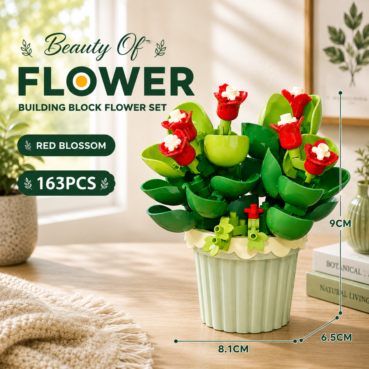 Jookids Red Blossom Building Blocks Flower Pot – 163 Pieces | DIY Decorative Brick Plant | Mini Display Set | Ages 6+