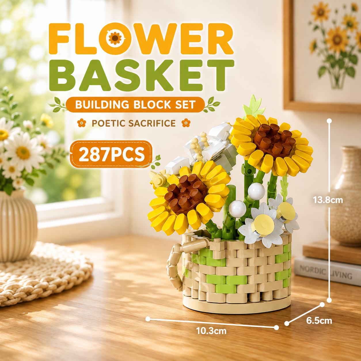 Jookids Poetic Sunflower Flower Basket Building Blocks – 287 Pieces | DIY Decorative Brick Flower Basket | Mini Display Set | Ages 6+