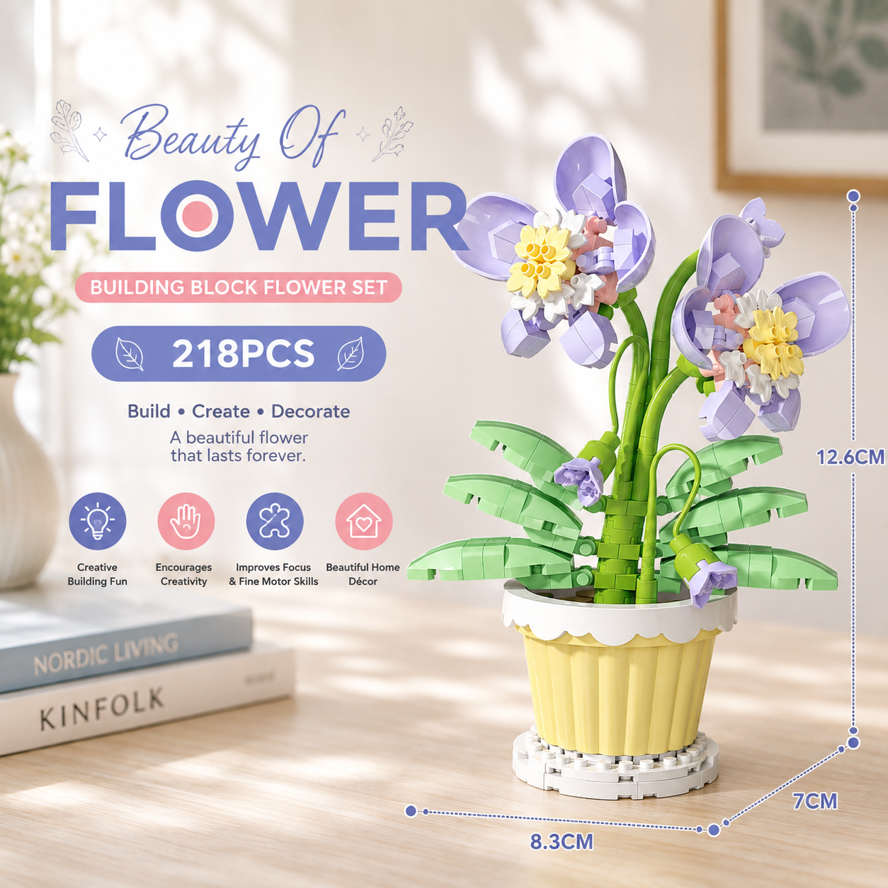 Jookids Moth Orchid Building Blocks Flower Pot – 218 Pieces | DIY Decorative Brick Plant | Mini Display Set | Ages 6+