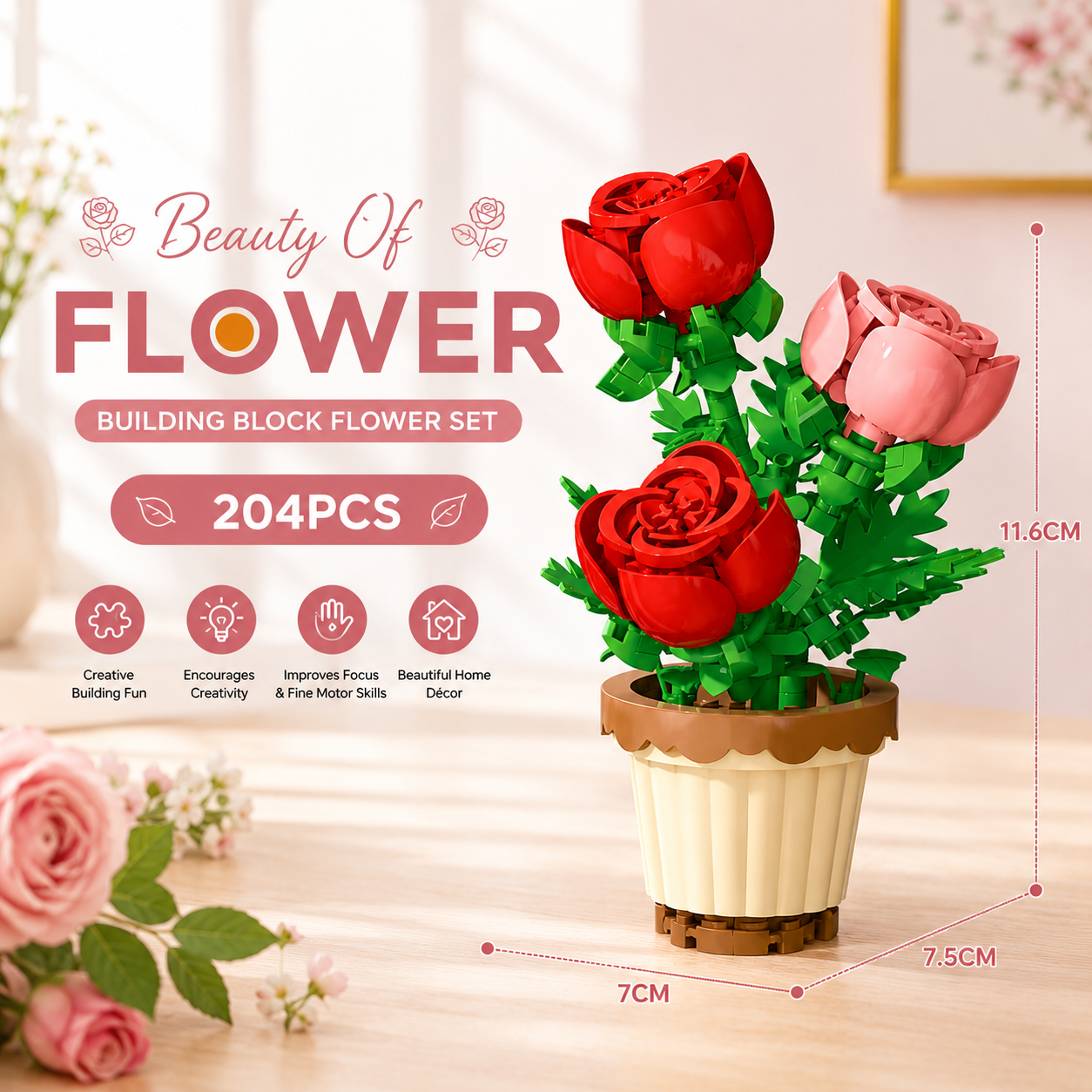 Jookids Classic Rose Building Blocks Flower Pot – 204 Pieces | DIY Decorative Brick Plant | Mini Display Set | Ages 6+