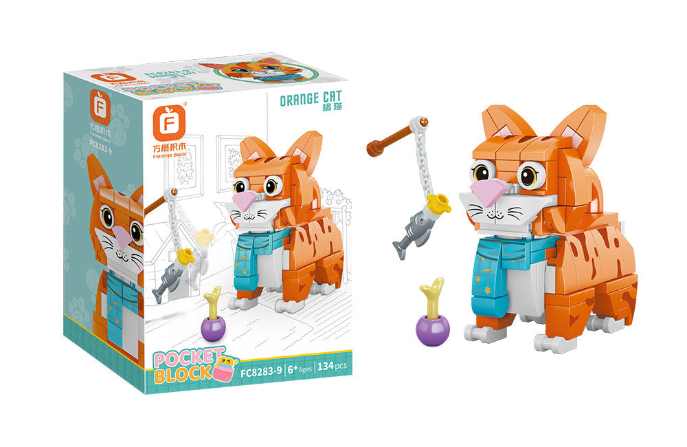 Jookids Orange Cat Building Blocks – 134 Pieces | DIY Cat Brick Toy with Fishing Toy Accessory | Cute Animal Display Set | Ages 6+