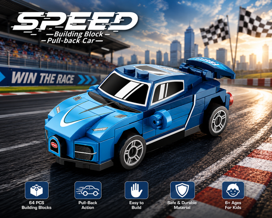 Jookids Pull Back Blue Sports Car Building Blocks Set | 64 Pieces | Speed Racing Car Construction Toy | STEM Building Kit for Kids 6+