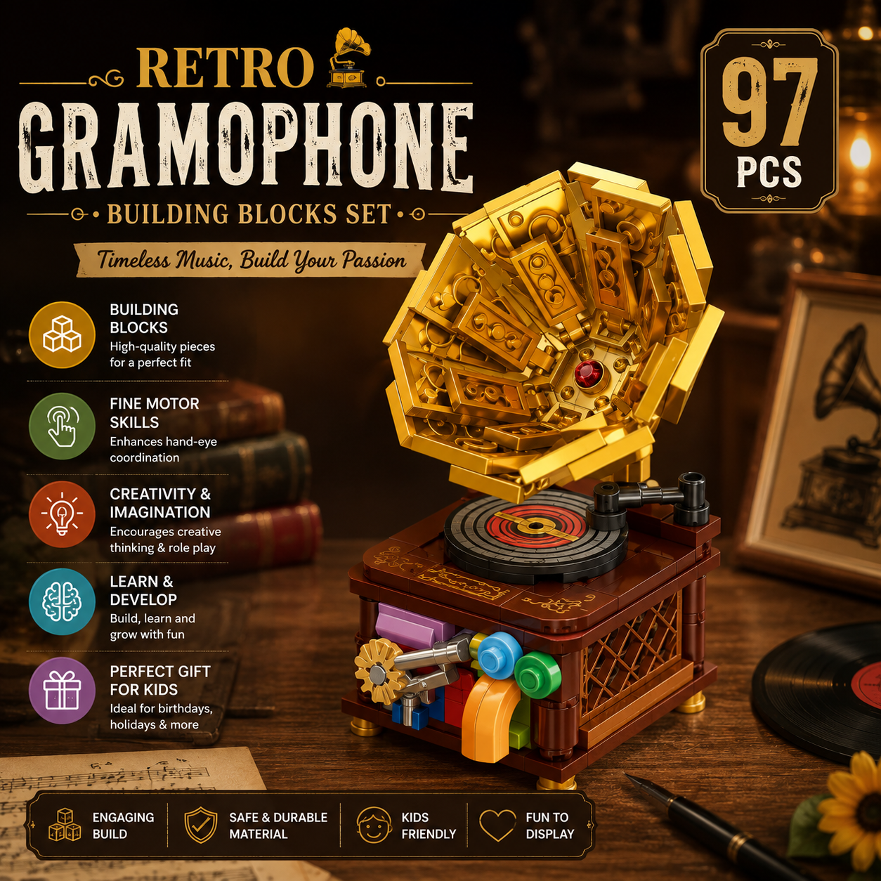Jookids Gramophone Building Blocks 97 Pcs | Retro Music Player Construction Toy | Creative STEM Building Kit for Kids 6+