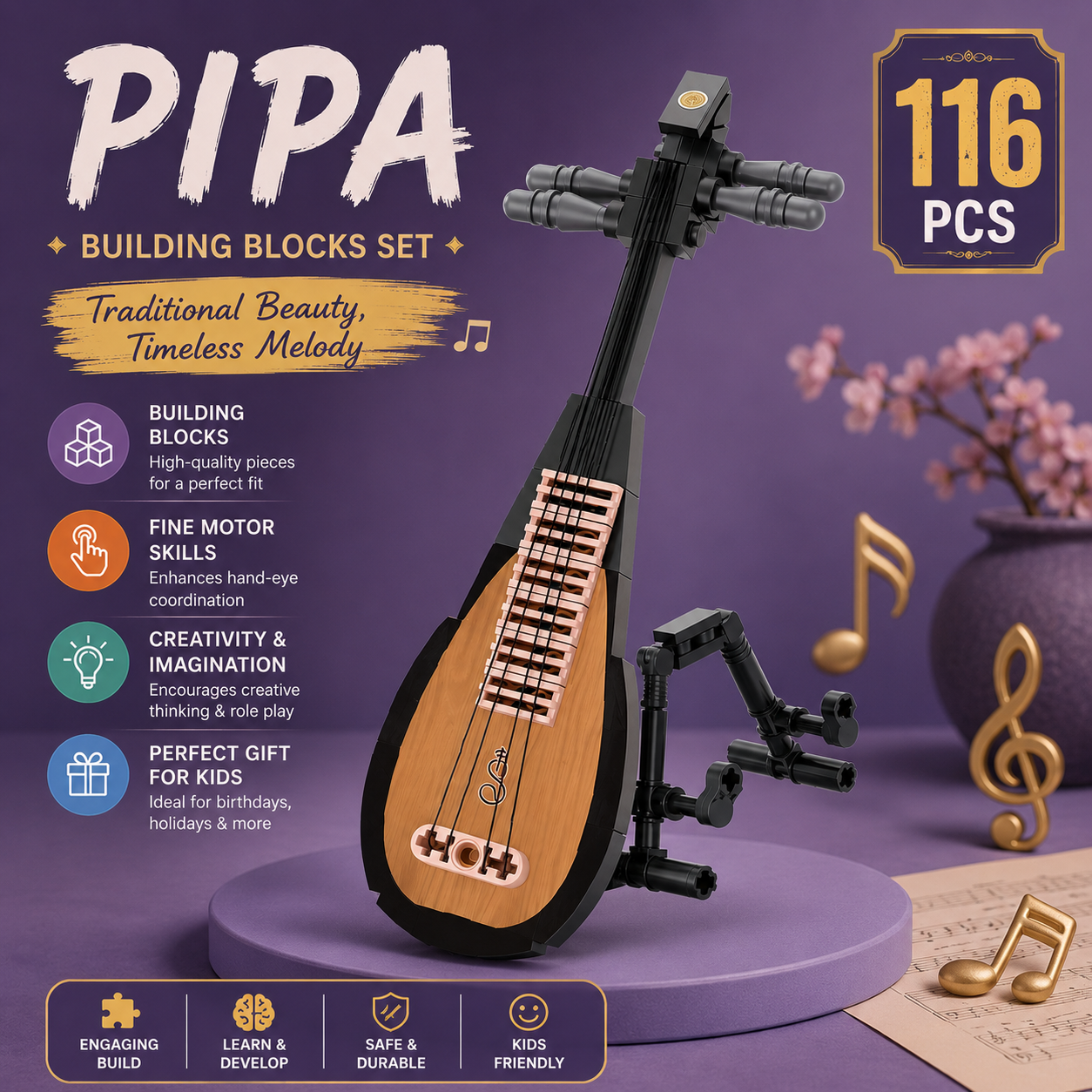 Jookids Pipa Building Blocks Set – 116 Pcs Traditional Musical Instrument Model | Creative Construction Toy
