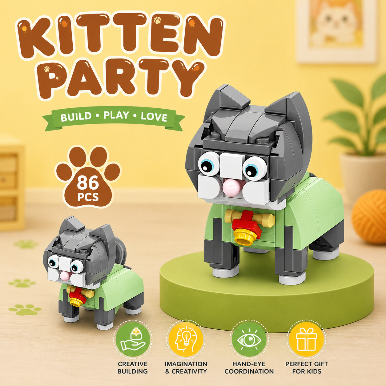 Jookids 86 Pcs Whiskers the Cat Building Blocks Set – Cute Cat Model Construction Toy for Kids