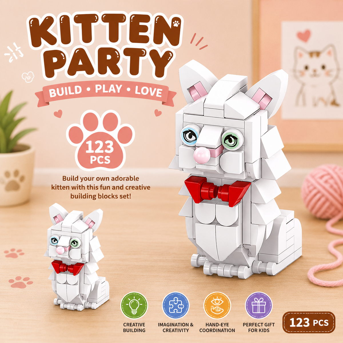 Jookids Whiskers the White Cat Building Blocks Set – 123 Pcs Creative Construction Toy for Kids