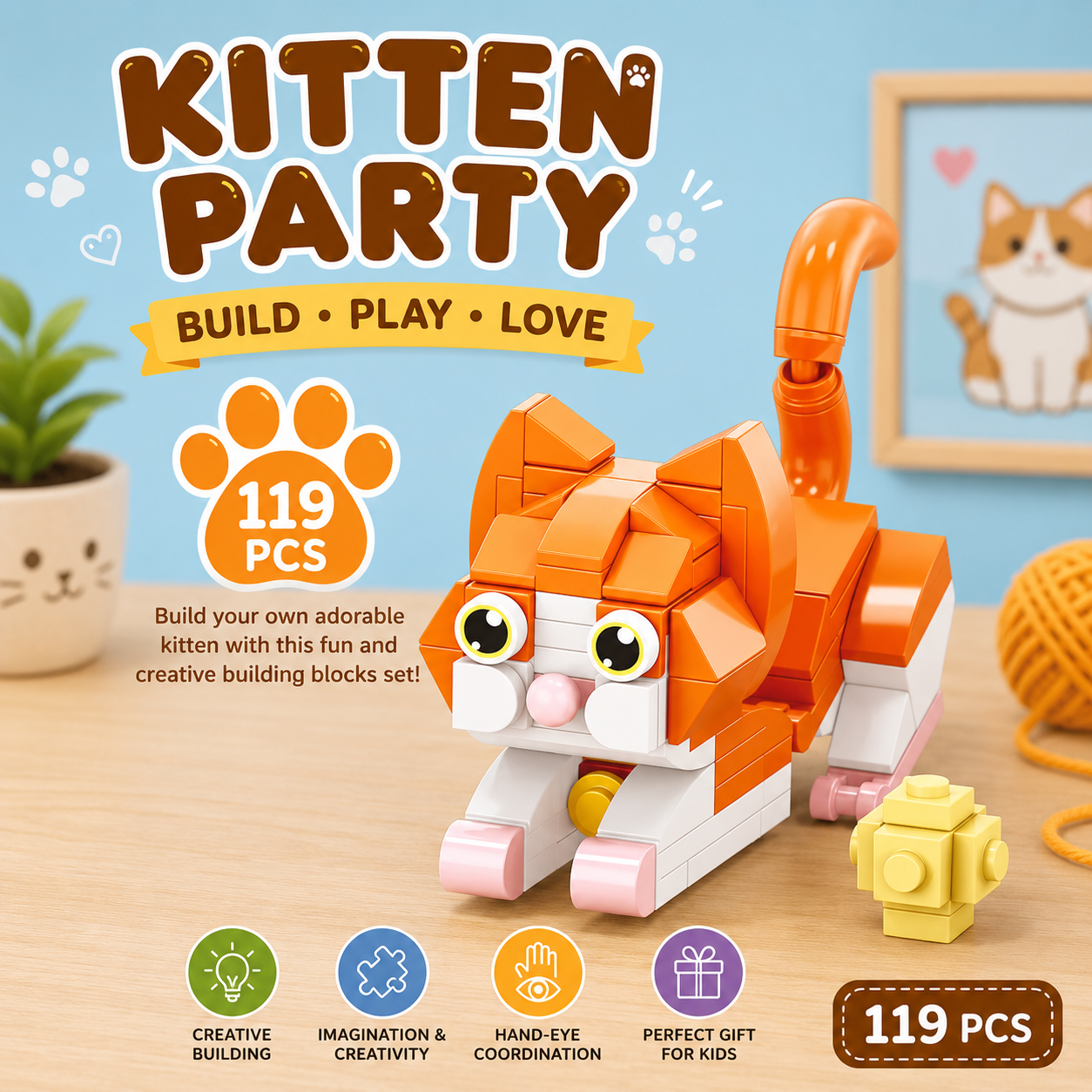 JooKids Kitten Party Orange Cat Building Blocks – 119 Pcs Creative Construction Toy for Kids
