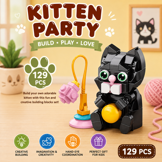 JooKids Kitten Party Black Cat Building Blocks – 129 Pcs Creative Construction Toy for Kids