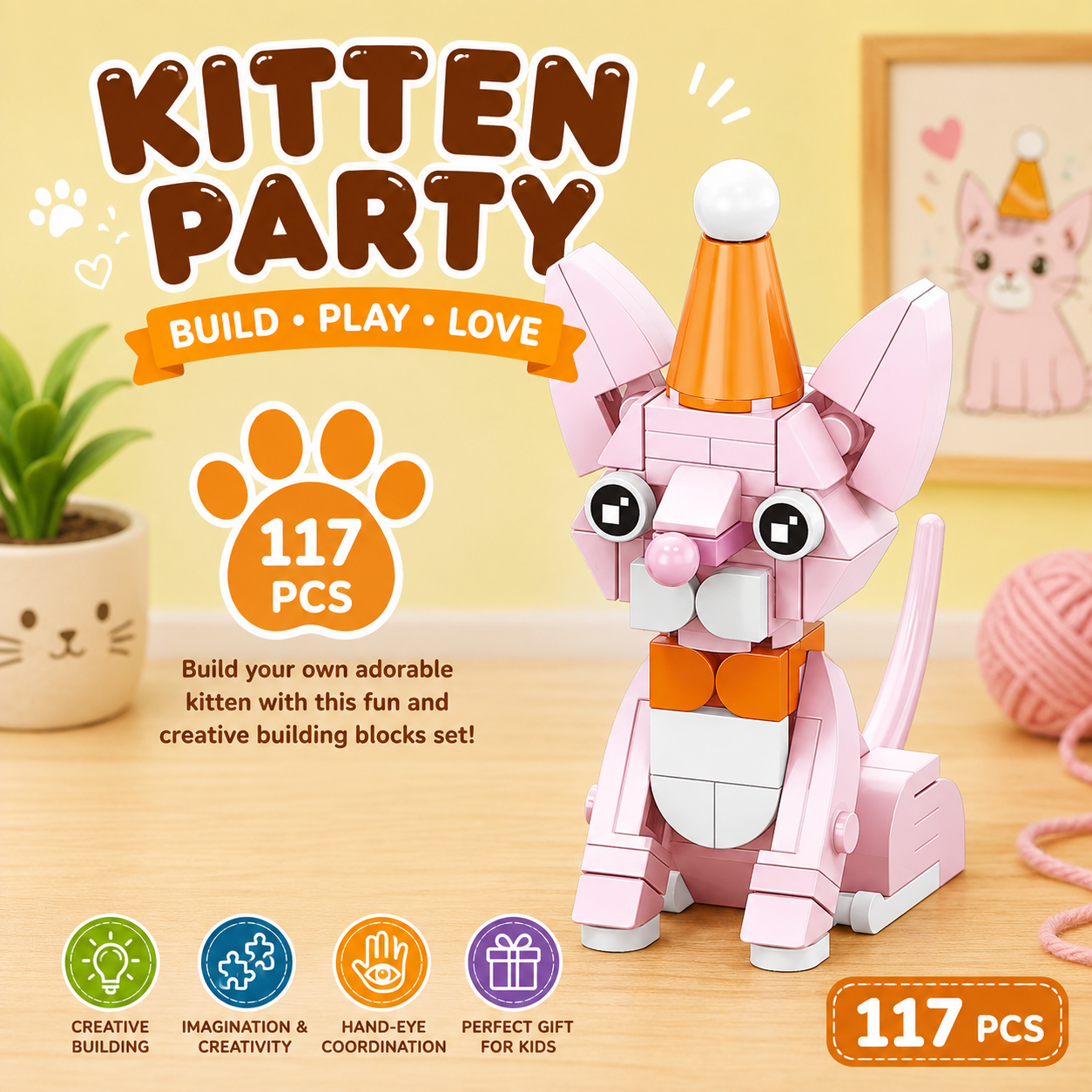 Jookids Kitten Party Pink Party Cat Building Blocks – 117 PCS Creative Construction Toy Set for Kids