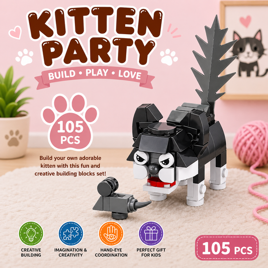 Jookids Kitten Party Black Cat Building Blocks with Mouse – 105 PCS Creative Construction Toy Set for Kids