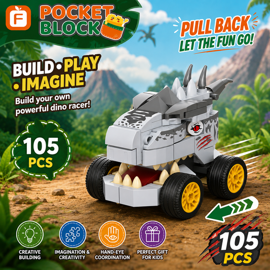 Jookids Dino Rex Pull-Back Building Blocks Set – 105 Pcs | Dinosaur Car Construction Toy for Kids