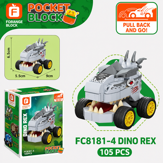 Jookids Dino Rex Pull-Back Building Blocks Set – 105 Pcs | Dinosaur Car Construction Toy for Kids