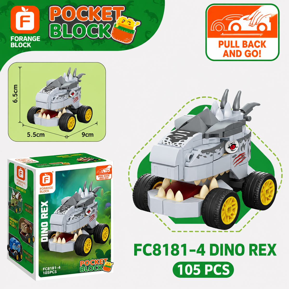 Jookids Dino Rex Pull-Back Building Blocks Set – 105 Pcs | Dinosaur Car Construction Toy for Kids