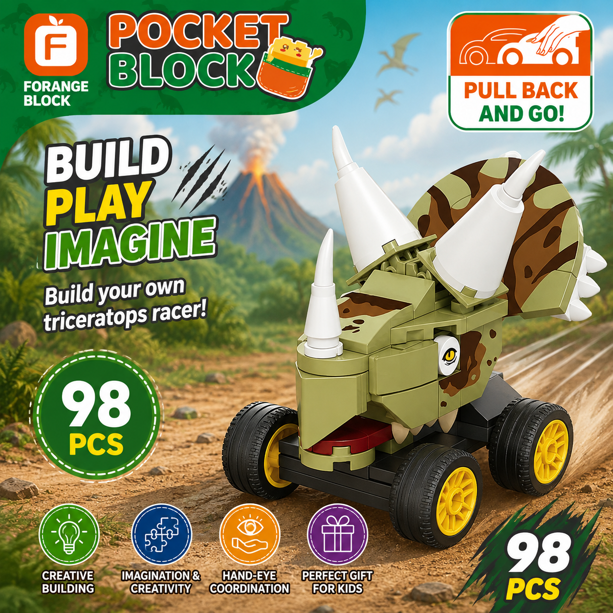 Jookids Triceratops Pull Back Building Blocks Car – 98 Pcs Dinosaur Construction Toy for Kids