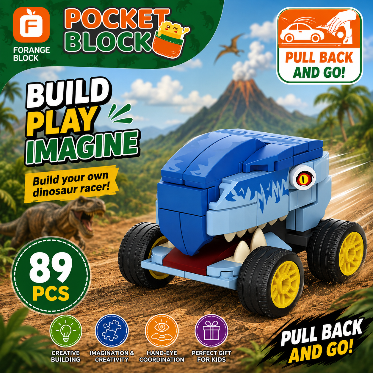Jookids Dinosaur Car Building Blocks Set – 89 PCS Pull Back Toy for Kids