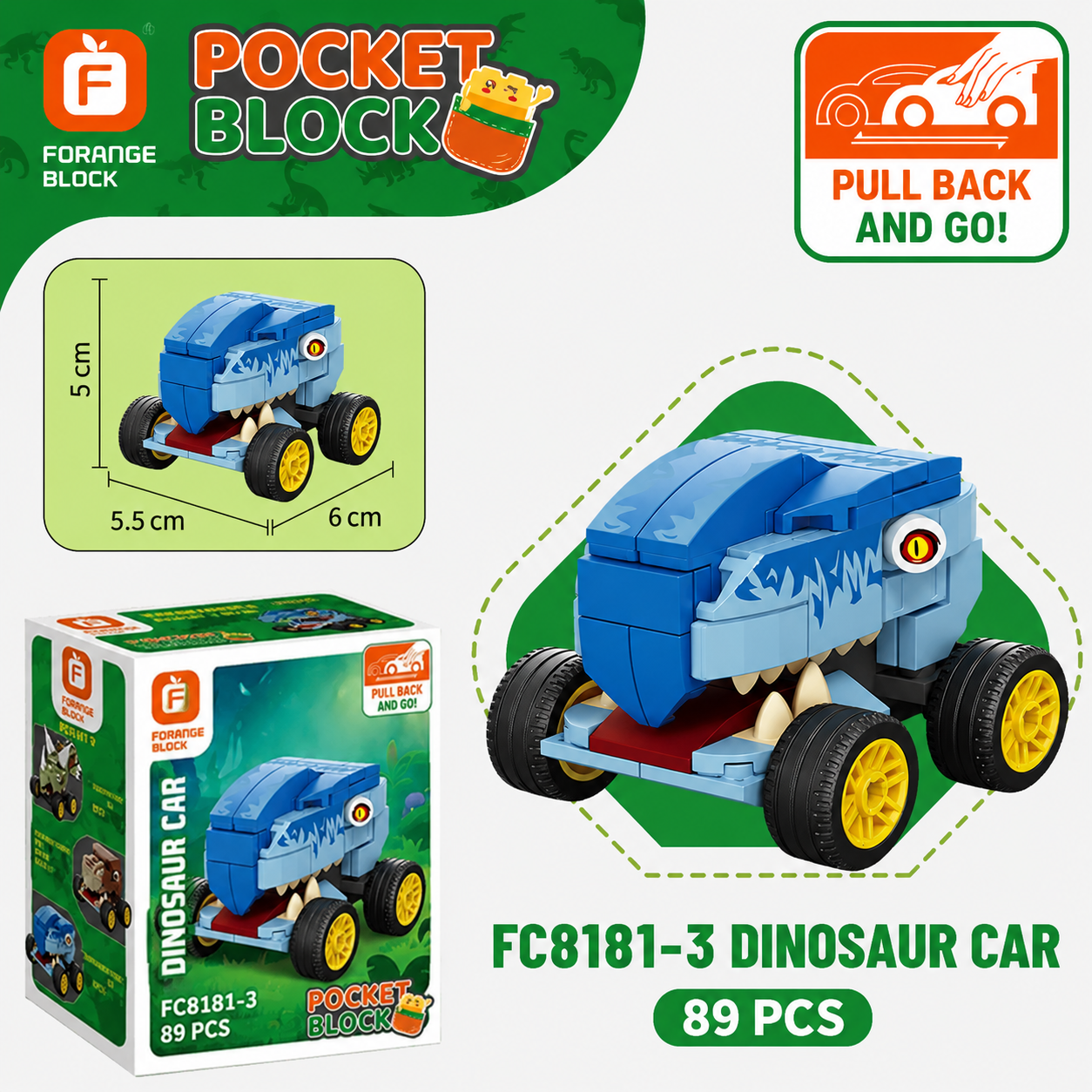 Jookids Dinosaur Car Building Blocks Set – 89 PCS Pull Back Toy for Kids