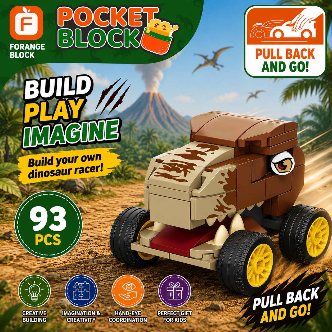 Jookids Dinosaur Car Building Blocks – 93 Pcs Pull Back Toy Car | STEM Construction Set for Kids