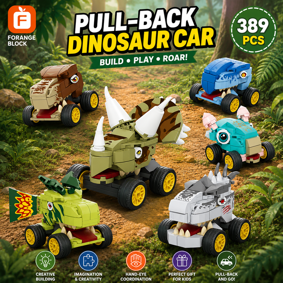 Jookids Pull-Back Dinosaur Car Building Blocks Set – 389 PCS | 6 Dinosaur Vehicles | STEM Construction Toy for Kids