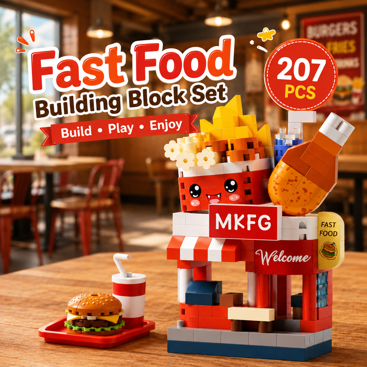 Jookids Fast Food Shop Building Blocks – 207 PCS Mini Restaurant Building Set for Kids