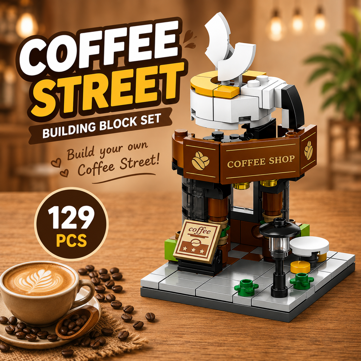 Jookids Coffee Street Building Blocks – 129 PCS Mini Coffee Shop Building Set for Kids