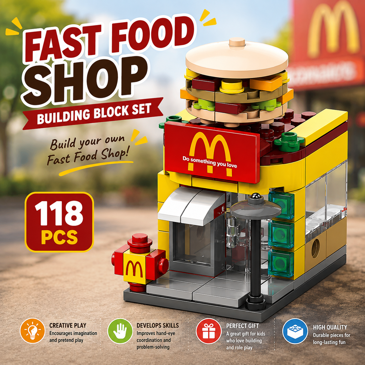 Jookids Fast Food Shop Building Blocks – 118 PCS Mini Restaurant Building Set for Kids