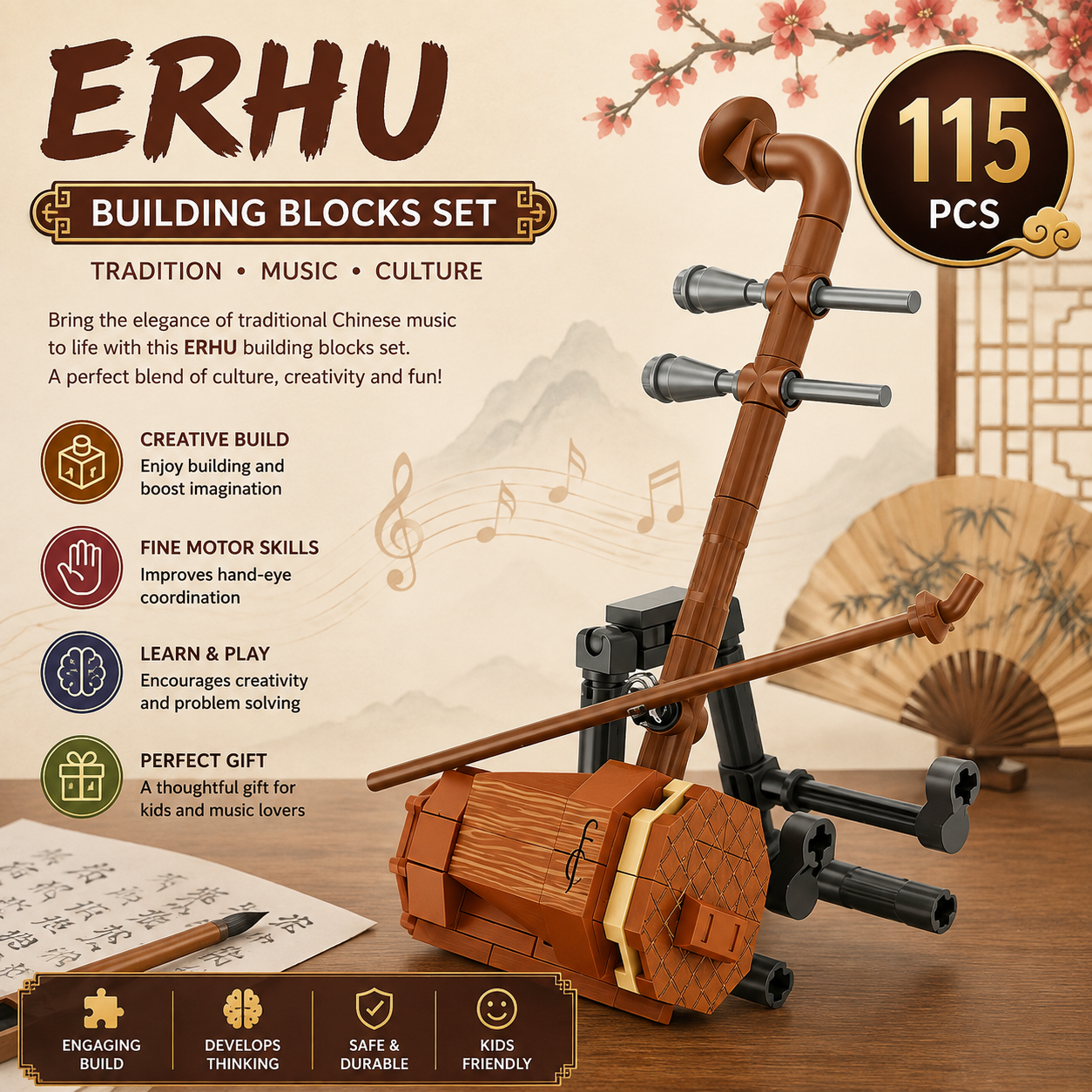 Jookids Erhu Chinese Musical Instrument Building Blocks – 115 Pcs Creative Construction Toy Set