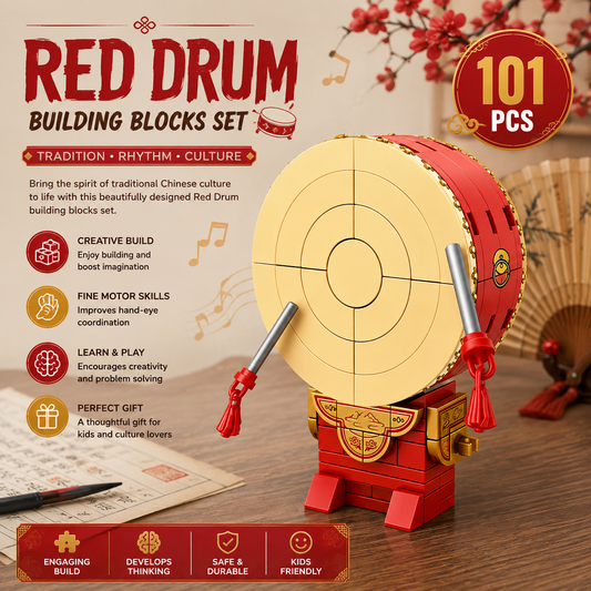 Jookids Chinese Red Drum Building Blocks Set – 101 Pcs Traditional Musical Instrument Model Construction Toy
