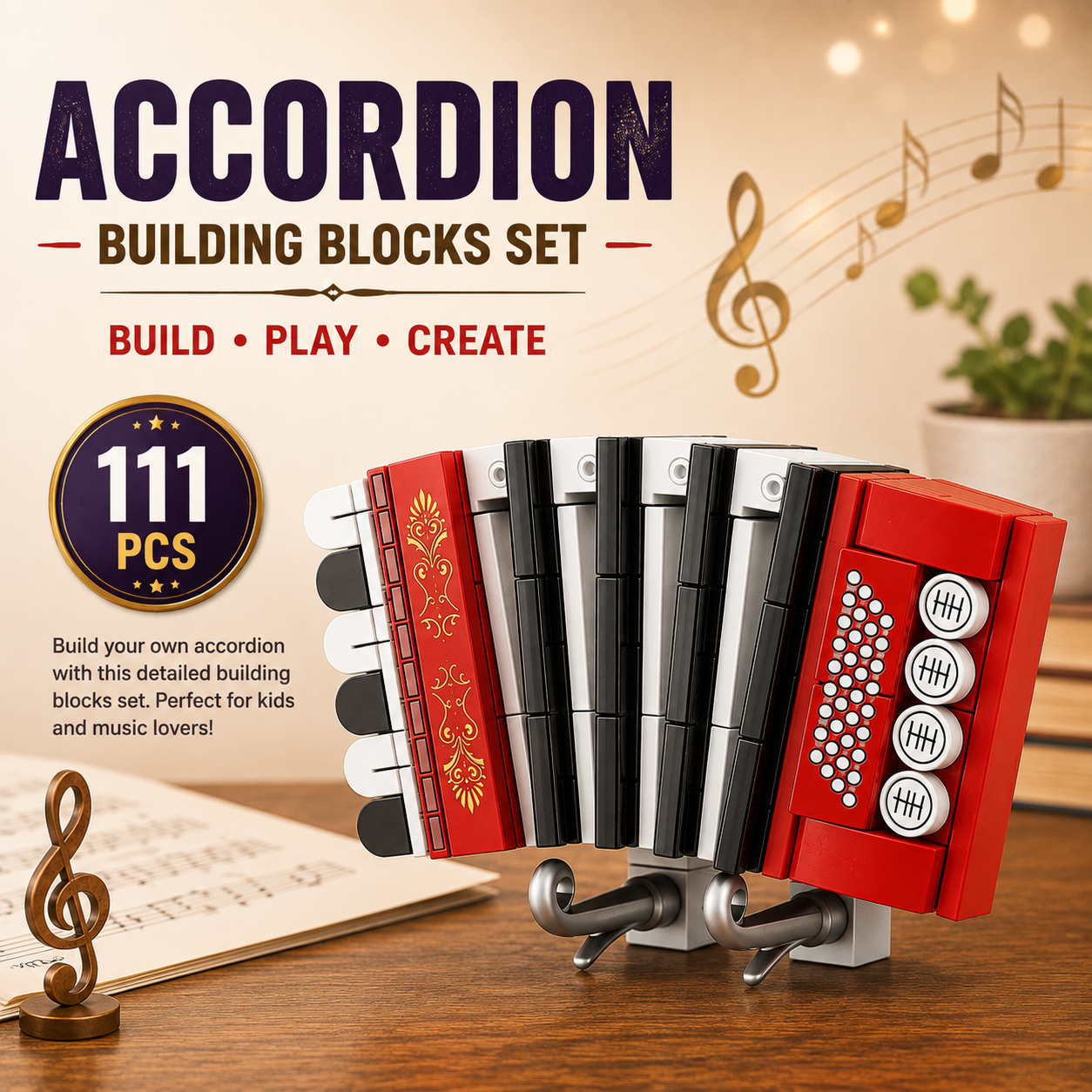 Jookids 111 Pcs Accordion Musical Instrument Building Blocks Set for Kids | Creative Music-Themed Construction Toy