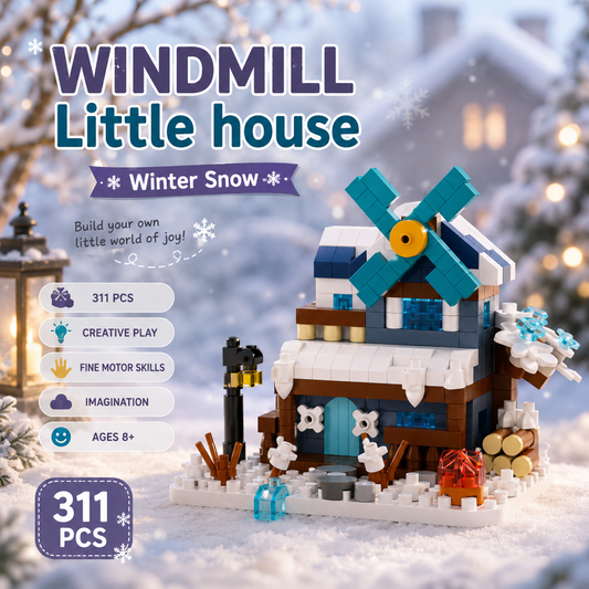 Jookids Windmill Little House Winter Snow Building Blocks – 311 Pcs Creative Cottage Set for Kids 8+