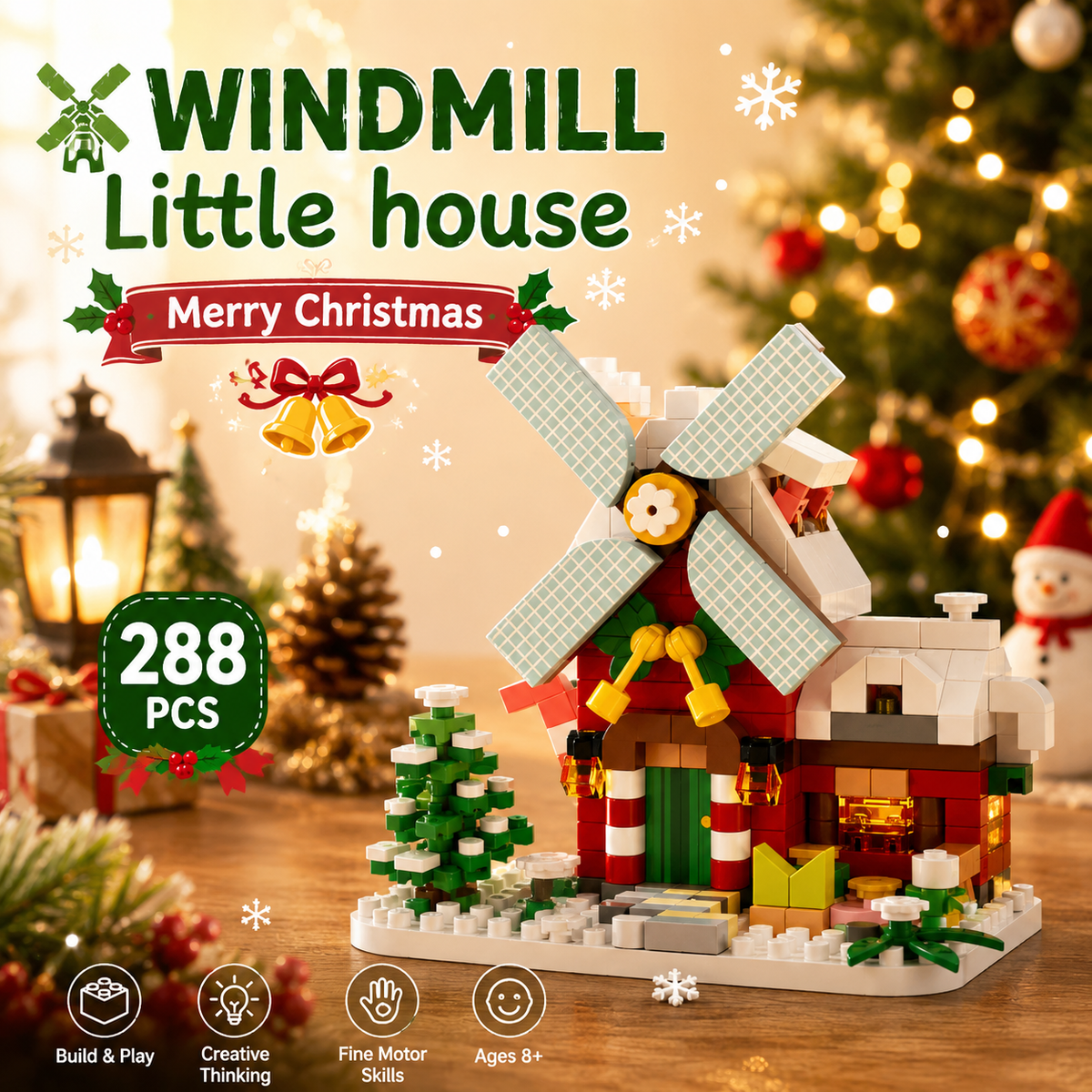 Jookids Windmill Little House Christmas Building Blocks – 288 Pcs Festive Cottage Building Set for Kids 8+