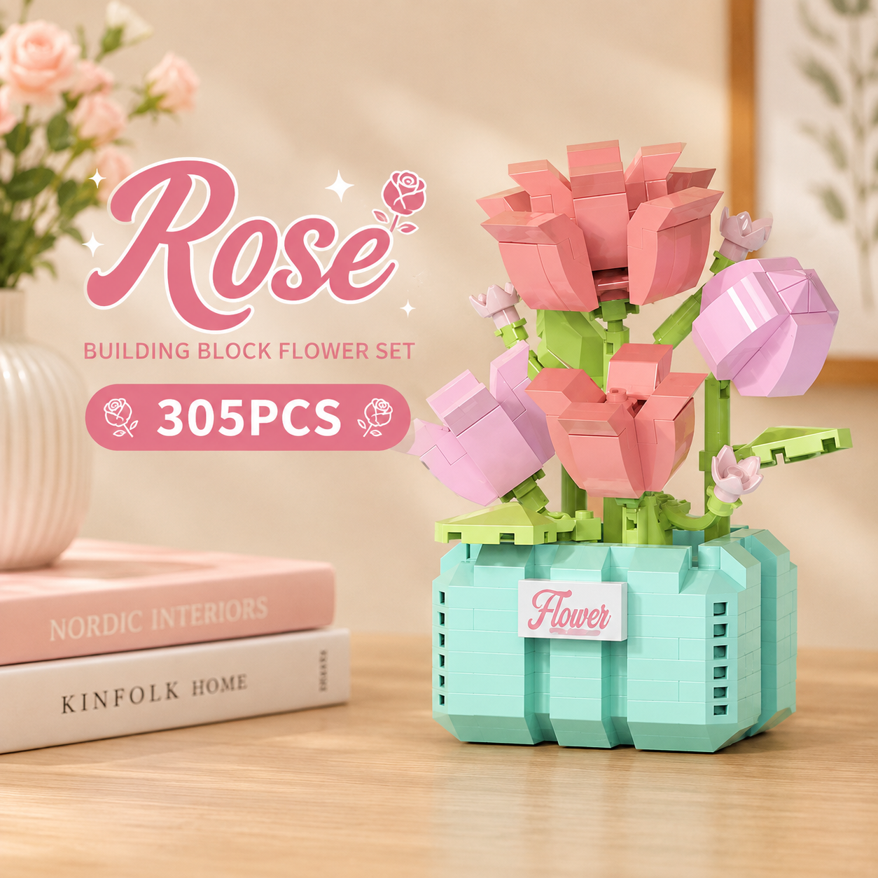 Jookids Rose Building Blocks Flower Pot – 305 Pieces | DIY Decorative Brick Plant | Mini Display Set | Ages 6+