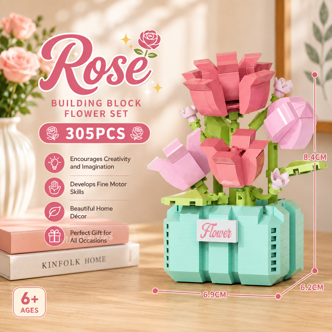 Jookids Rose Building Blocks Flower Pot – 305 Pieces | DIY Decorative Brick Plant | Mini Display Set | Ages 6+