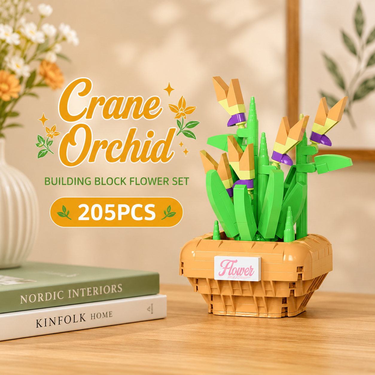 Jookids Crane Orchid Building Blocks Flower Pot – 205 Pieces | DIY Decorative Brick Plant | Mini Display Set | Ages 6+