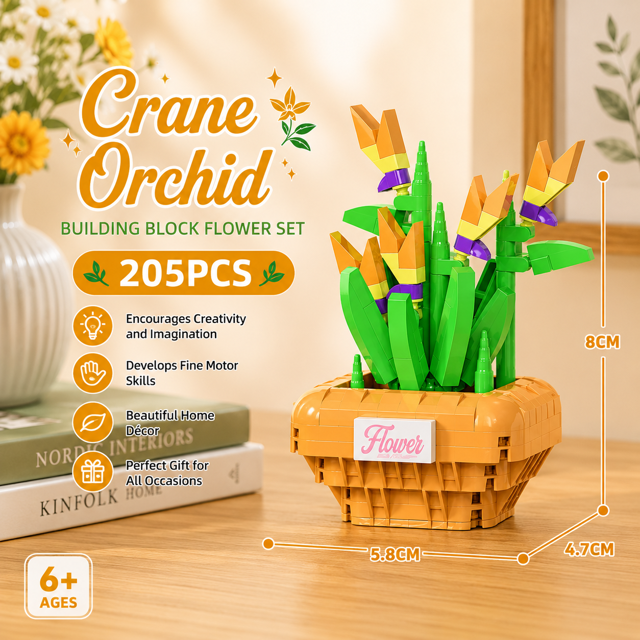 Jookids Crane Orchid Building Blocks Flower Pot – 205 Pieces | DIY Decorative Brick Plant | Mini Display Set | Ages 6+