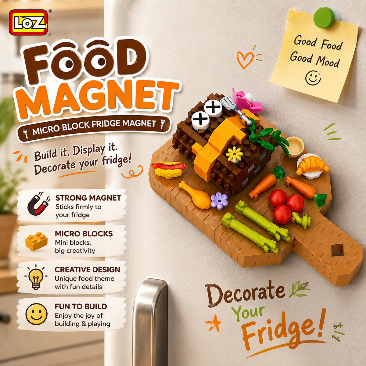 Jookids LOZ Food Magnet Micro Block Set – Mini Food Building Blocks, Creative Fridge Magnet, DIY Refrigerator Decoration, 210 PCS