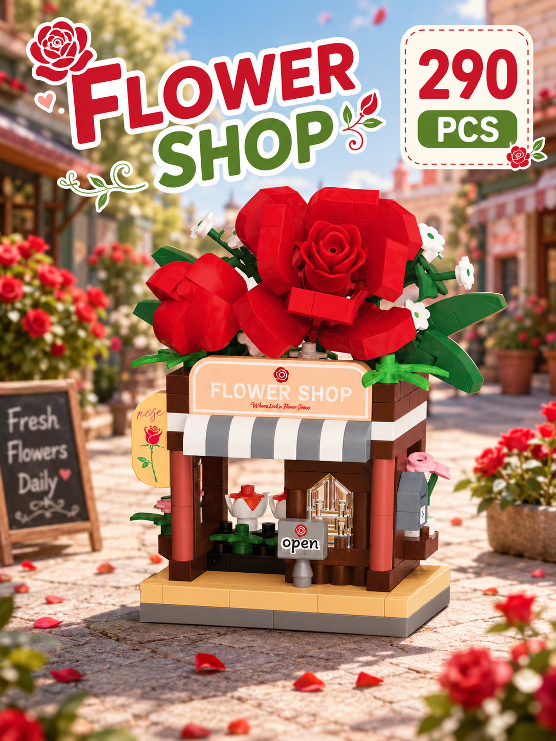 Jookids Flower Shop Micro Building Block Set – Mini Rose Flower Store Building Blocks, Creative DIY Construction Toy, Decorative Display Model, 290 PCS